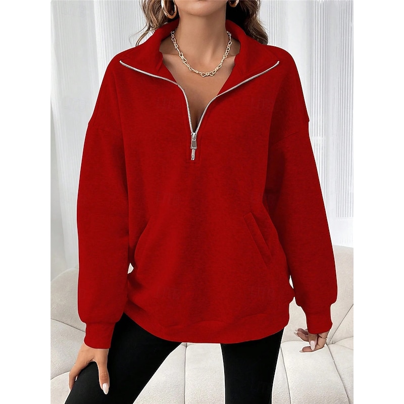 Women's Sweatshirt Casual Plain Street Dailywear Turtleneck Pocket Half Zip Long Sleeve Black Red Fall Winter