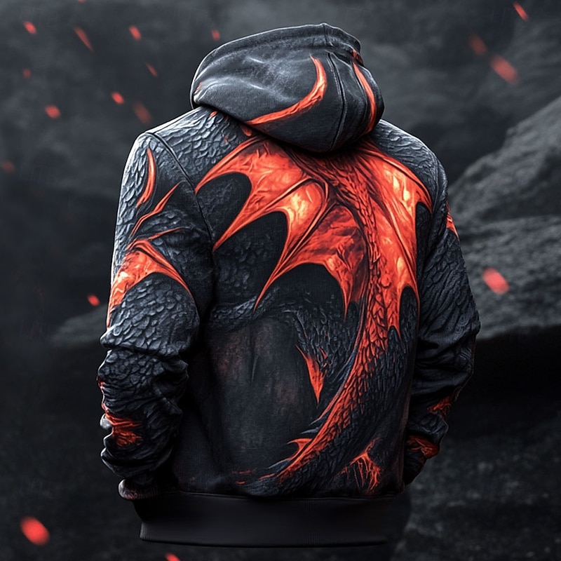 Men's Dragon Hoodies Fashion Cool Long Sleeve Hooded Vacation Going out Streetwear Black Drawstring Zipper Fall Winter Designer2
