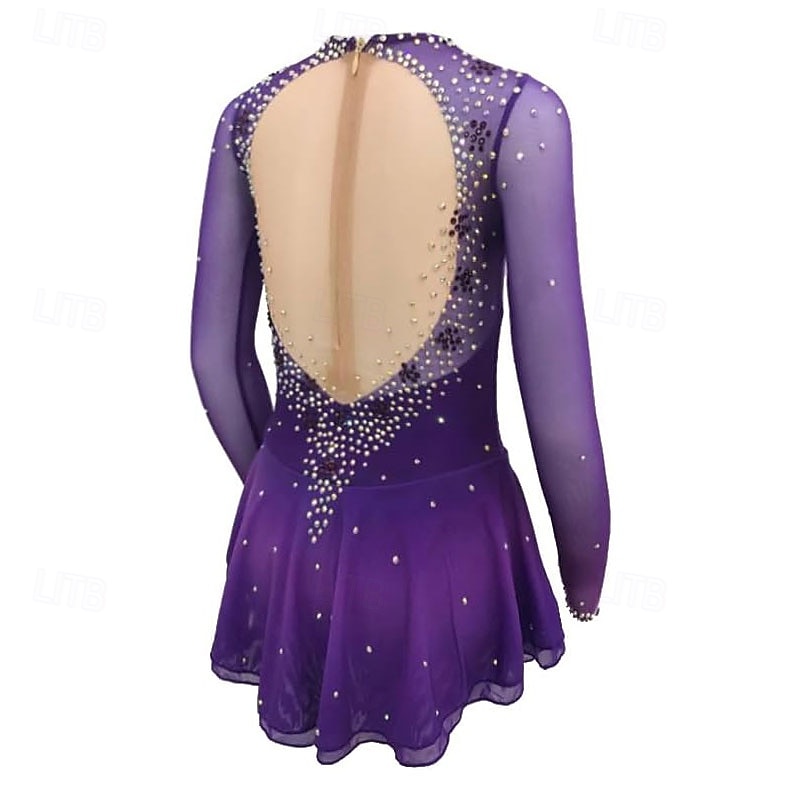 Girls' Purple Long Sleeved Figure Skating Dress with Rhinestone Decoration Competition Costumes2