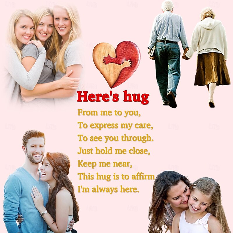 A Hug from My Heart for You Handmade Wood Carvings, A Hug from My Heart to Yours, Wooden a Hug from My Heart, Loving Hearts Creative Wooden Pendant for Him and Her (4PCS)4