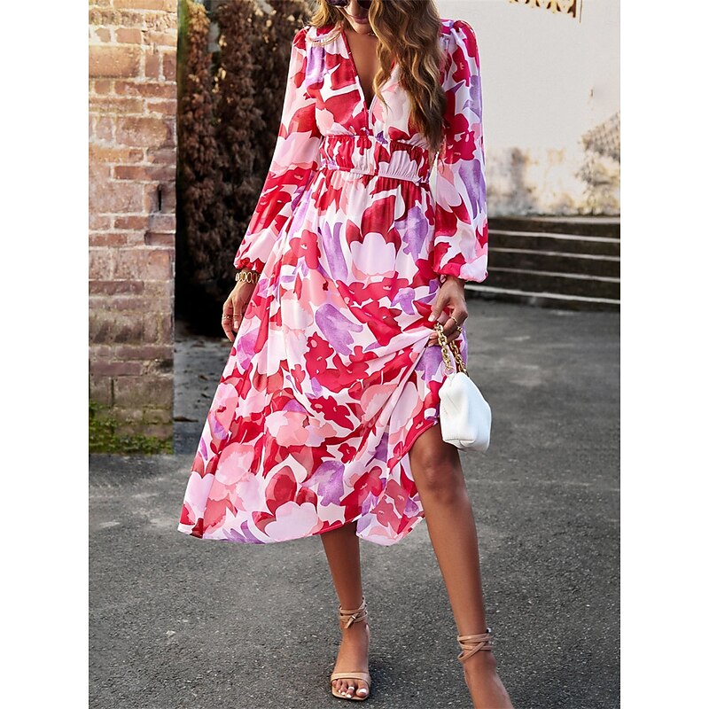 Women's Maxi Dress Casual Dress Swing Dress A Line Dress Casual Daily Regular Fit Floral Long Sleeve V Neck Red Blue Apricot Summer Spring Fall4