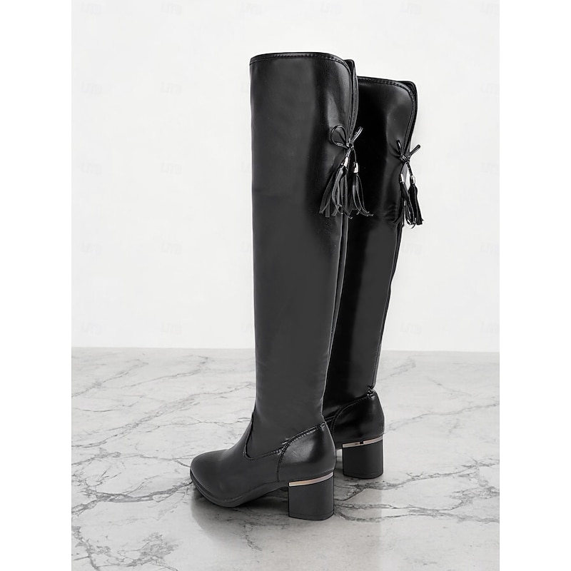 Women's Black Over-The-Knee Faux Leather Boots with Block Heel – Elegant Thigh-High Boots for Winter Fashion and Evening Outfits4