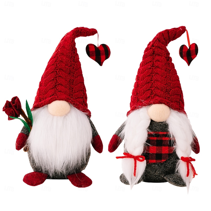 Valentine's Day Gnome Decor, Love Gnome with Heart and Roses, Romantic Plush Mr. and Mrs. Gnome for Tiered Tray Decor, Perfect Holiday Gift2