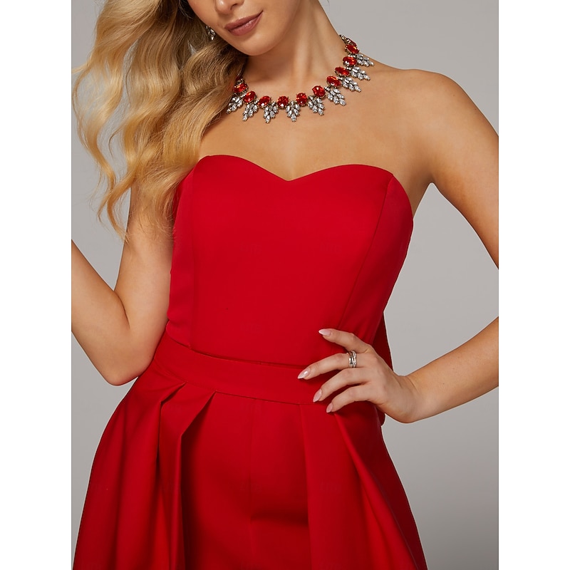 Jumpsuits Evening Gown Elegant Dress Wedding Guest Floor Length Sleeveless Sweetheart Pocket Satin with Bow(s) Overskirt4