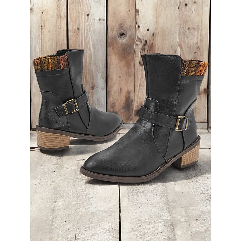 Women's Black Mid-Calf Boots with Buckle Straps and Colorful Knit Cuff – Casual Vintage Style for Everyday Wear2