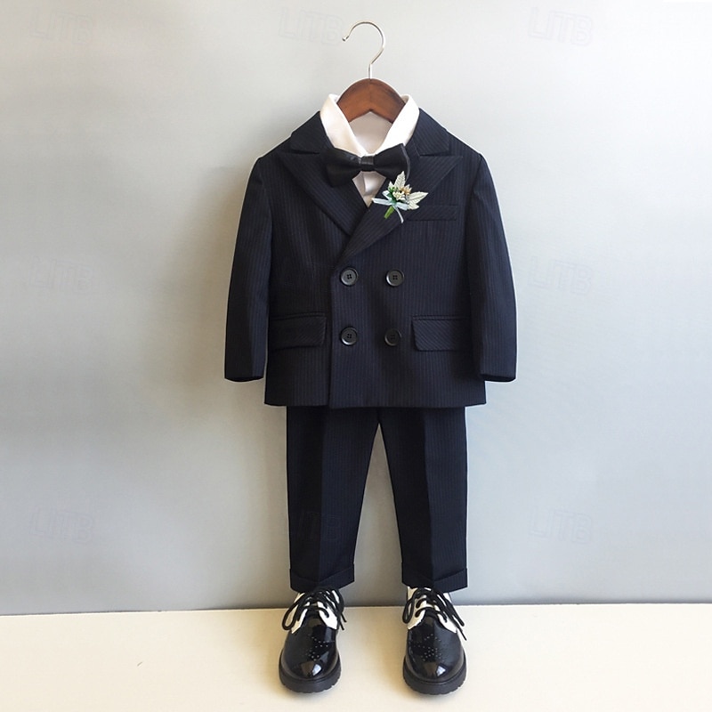 6 Pieces Ring Bearer Suit Boys Kids Suit Formal Suit Blazer & Vest & Pants & Brooch & Tie Shirt & Pants Formal Party Valentines Fashion Cool Stripe Pocket Black Polyester