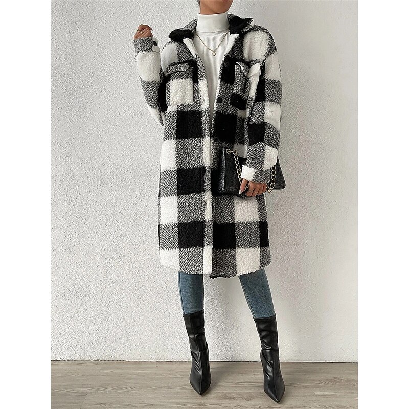 Women's Fleece Jacket Teddy Coat Warm Breathable Pocket Fleece Lined Casual Plaid Vacation Street Daily Wear Going out Single Breasted Long Turndown Regular Fit Long Sleeve Outerwear Black Blue3