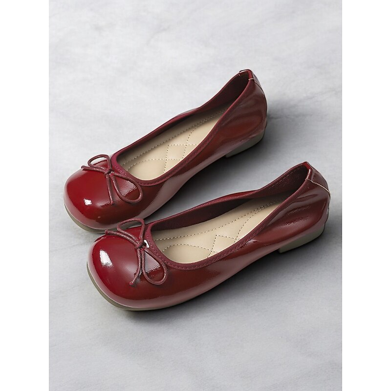 Women's Red Patent Leather Ballet Flats - Classic Round Toe Slip-On Shoes with Bow Detail for Casual and Office Wear - Main Image
