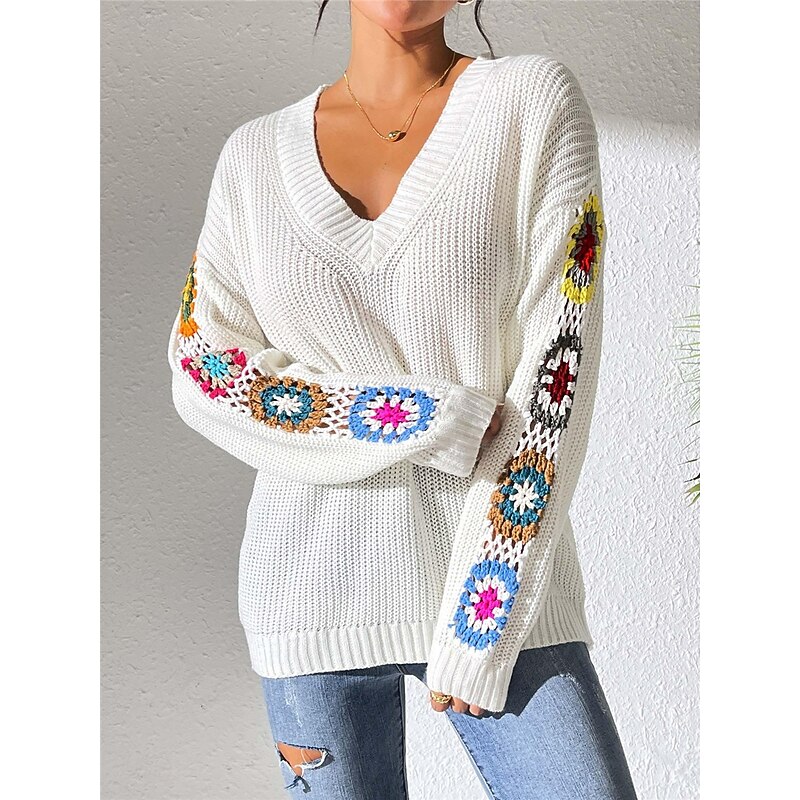 Women's Sweater Casual Soft Floral Crochet V Neck Knitted Long Sleeve Regular Tops Knit Outdoor Daily Weekend Black White Fall Winter4