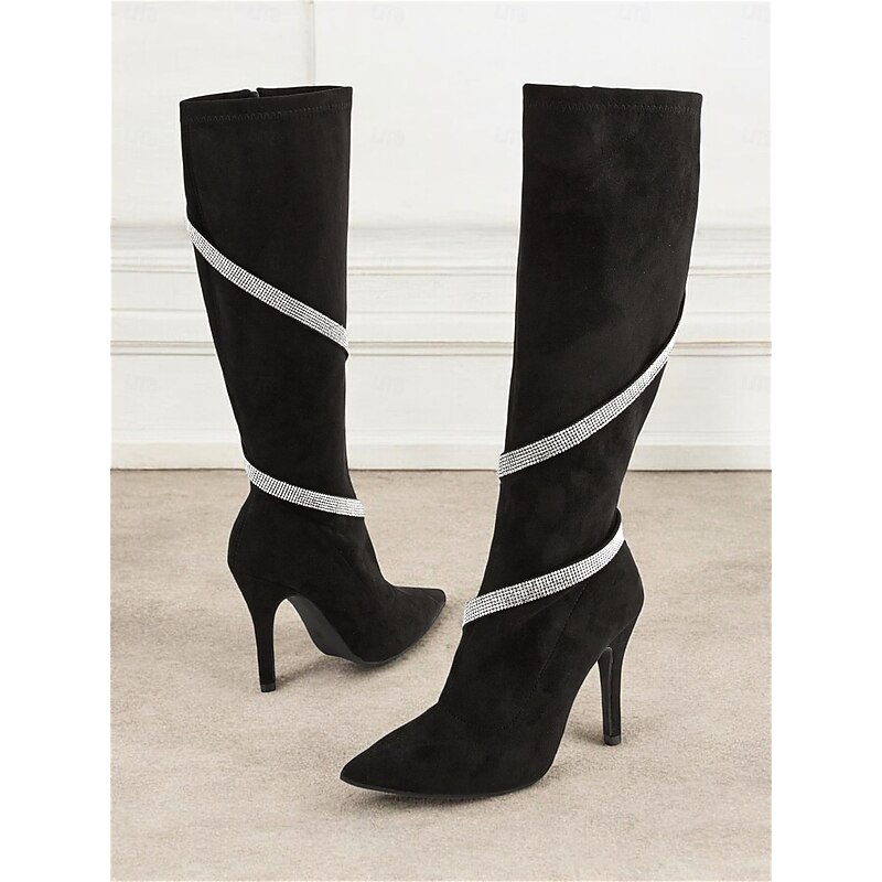 Women's Black Suede Knee-High Stiletto Boots with Rhinestone Wrap – Elegant High Heel Boots for Evening Events and Parties3