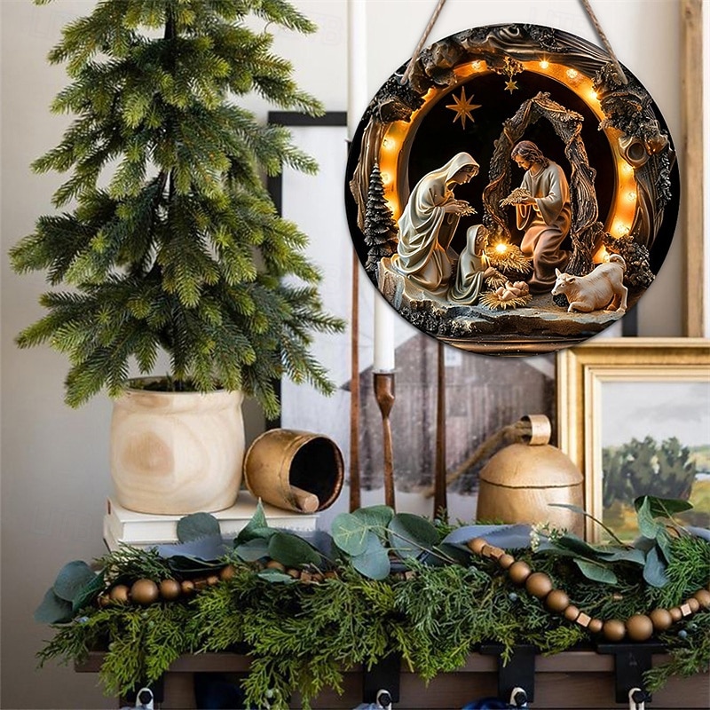 Wooden Jesus Nativity Baptism Round Sign, Door Hanging Decor for Bedroom and Living Room4