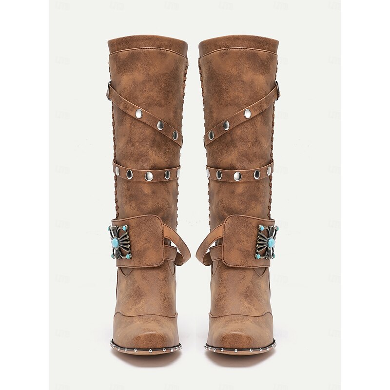 Women's Western Cowgirl Boots – Vintage Knee-High Studded Boots with Turquoise Buckle and Lace-Up Detail, Perfect for Rodeo and Country Style4