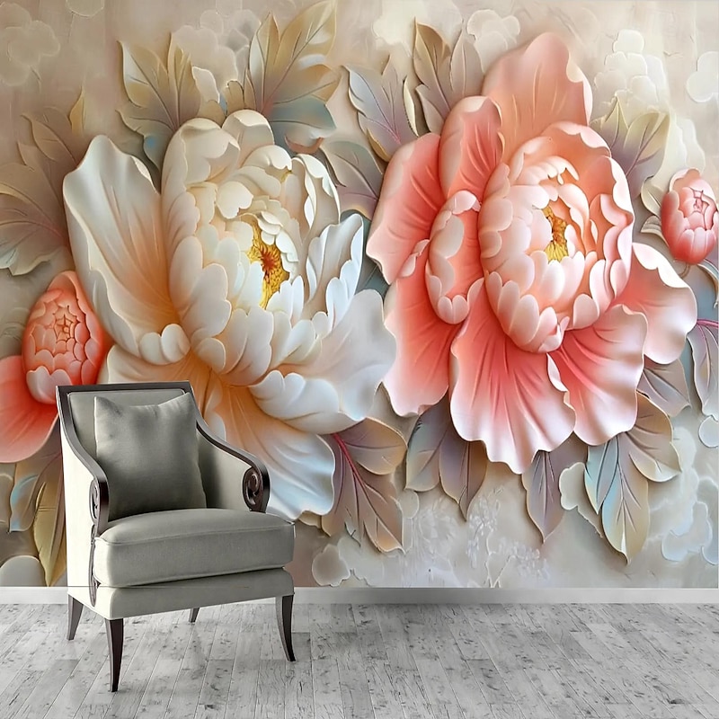 Floral 3D Traditional Chinese Painting Home Decoration Floral Classic Wall Covering, Canvas PVC / Vinyl Material Adhesive required Mural, Room Wallcovering