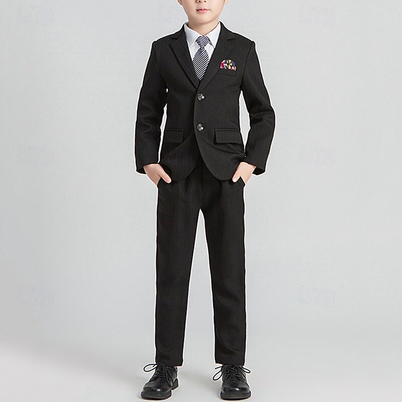 4 Pieces Ring Bearer Suit Boys Kids Suit Formal Suit Blazer & Vest & Pants & Tie Formal Party Valentines Fashion Cool Stripe Pocket Black Gray Polyester2