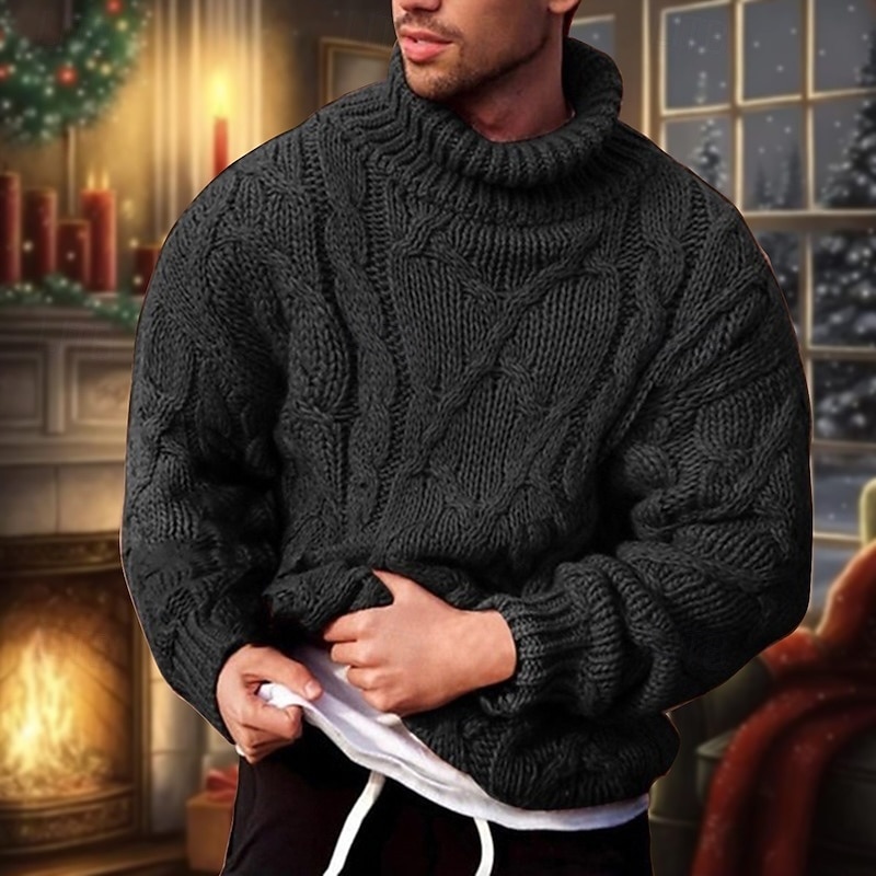 Men's Turtleneck Sweater Sweater Pullover Sweater Jumper Cable Chunky Knit Knitted Solid Color Turtleneck Stylish Basic Daily Holiday Clothing Apparel Fall Winter Black Army Green S M L