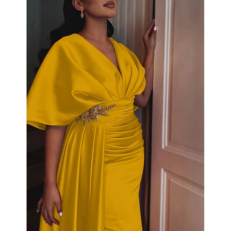 Sheath Evening Gown Elegant Dress Formal Sweep / Brush Train Half Sleeve V Neck Satin with Pleats Ruched Crystals4