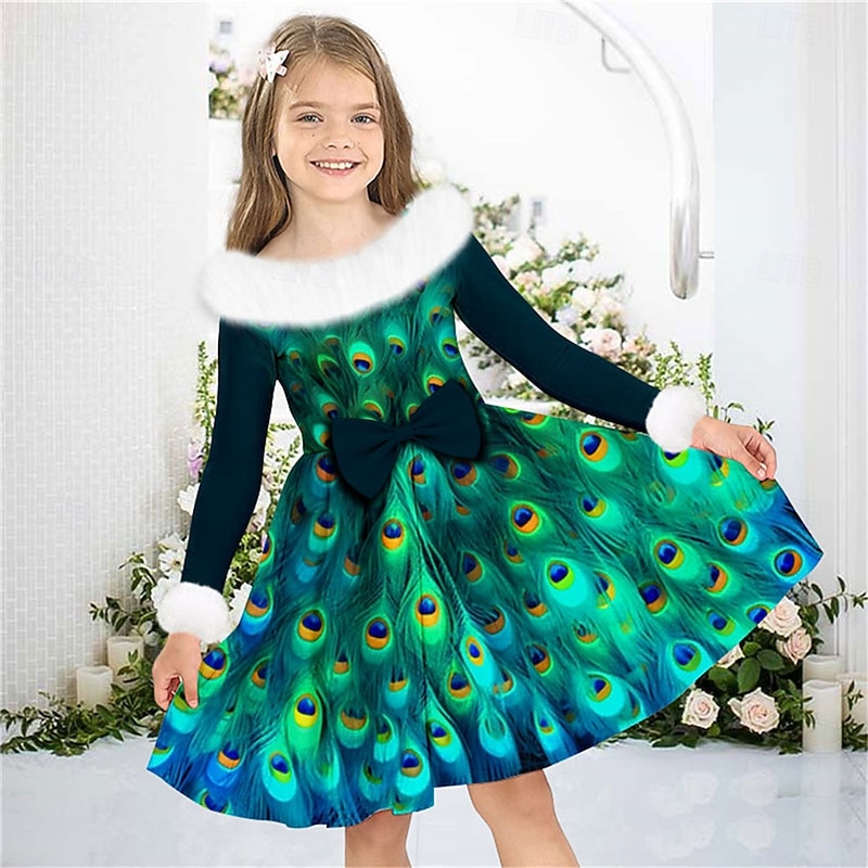 Girls' 3D Peacock Dress Long Sleeve 3D Print Fall Winter Vacation Sports & Outdoor Daily Cute Casual Beautiful Kids 3-12 Years Casual Dress Swing Dress A Line Dress Above Knee Regular Fit