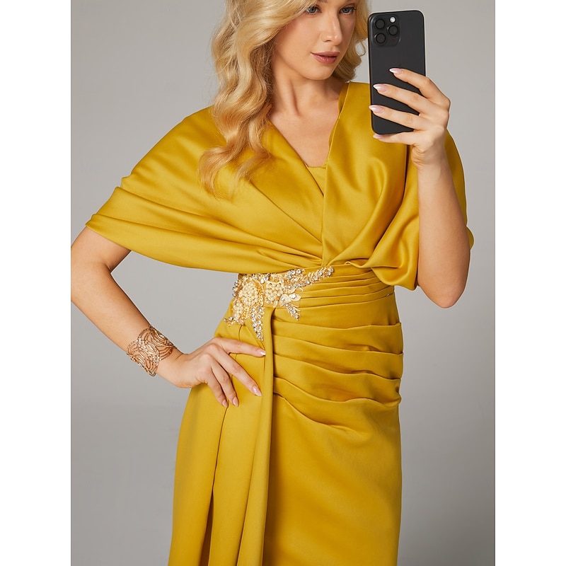 Sheath Evening Gown Elegant Dress Formal Sweep / Brush Train Half Sleeve Floor Length V Neck Satin with Pleats Ruched Crystals4
