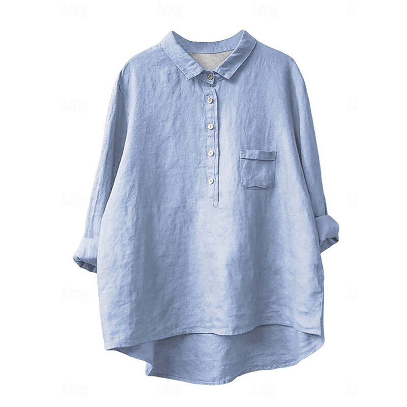 Women's Shirt Linen-Inspired Shirts Long Sleeve Shirt Collar White Blue Green Spring &  Fall4