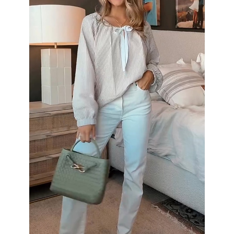 Women's Shirt Blouse Striped Basic Casual Long Sleeve Crew Neck Regular Tops Daily Print Pink Khaki Light Blue Spring &  Fall3