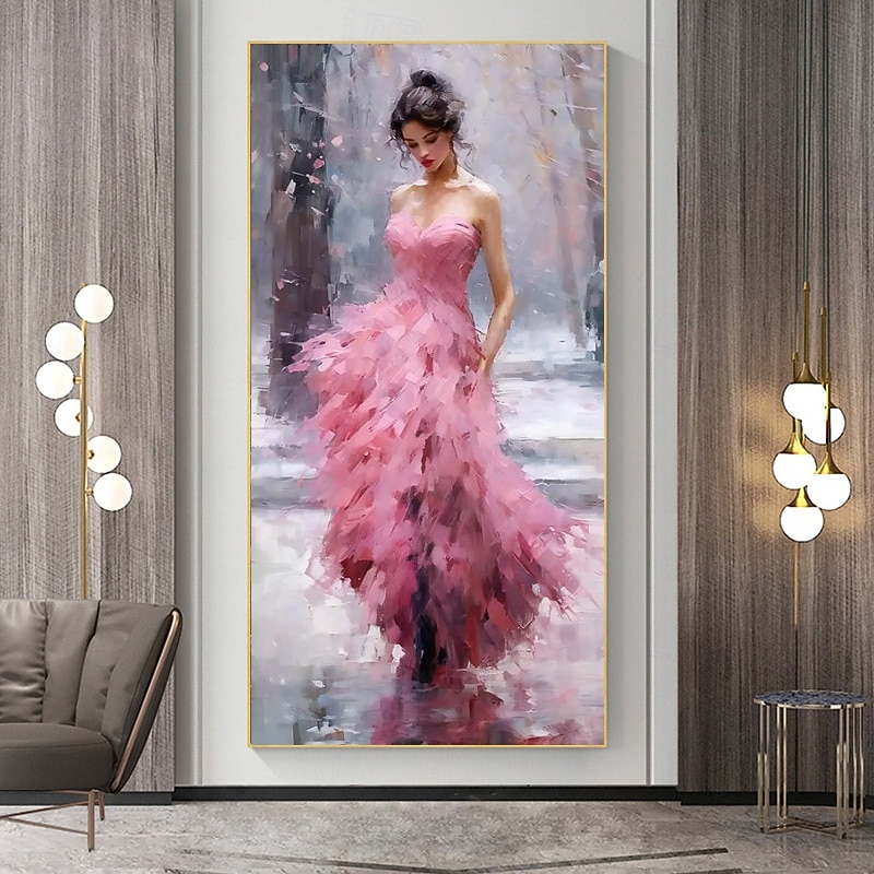 Sexy Woman in Pink Wedding dress Hand-painted Canvas Painting Elegant Fashion Wall Decor for Wedding Gift Trendy Art Gift for Girl's Room Rolled Canvas (No Frame)