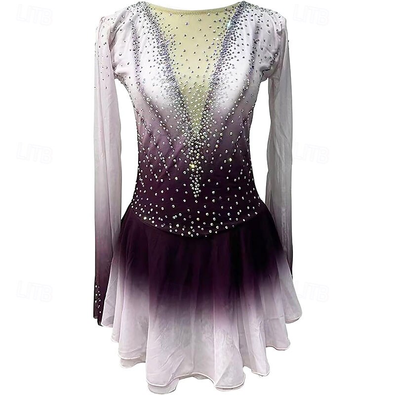 Figure Skating Dress Women's Girls' Ice Skating Dress Pruple Black Patchwork High Elasticity Training Competition Skating Wear Classic Crystal / Rhinestone Long Sleeve Ice Skating Figure Skating