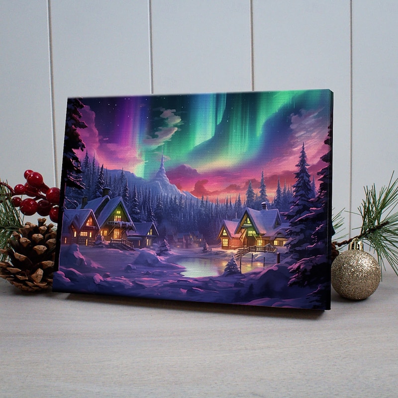 Snow Village LED Canvas Wall Art LED Lighted Up Wall Decor 2AA Battery Operated Lighted Canvas Print LED Light Kitchen Bedroom or Home Decor Winter Wonderland Nothern Light3