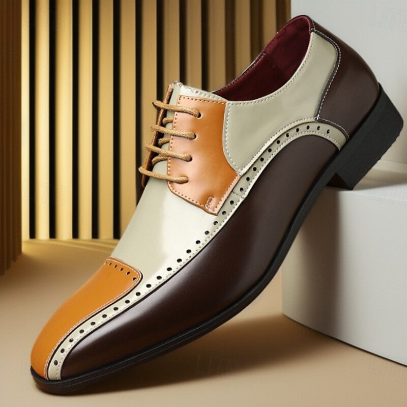 Men's Multicolor Brogue Oxford Shoes – Brown, Beige, and Orange Faux Leather Design with Wingtip Detailing, Perfect for Formal and Casual Occasions