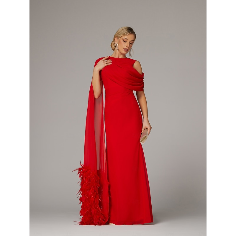 Sheath Evening Gown Elegant Dress Formal Fall Sweep / Brush Train Sleeveless Floor Length Cowl Neck Chiffon with Feather Ruched Slit3