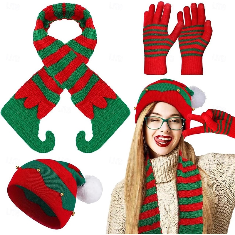 Santa Claus Elf Gloves Christmas Gift Knitted Hats Scarf Set Men's Women's Novelty Funny Knitted Pattern Christmas Christmas Eve Gloves Scarf Hat4