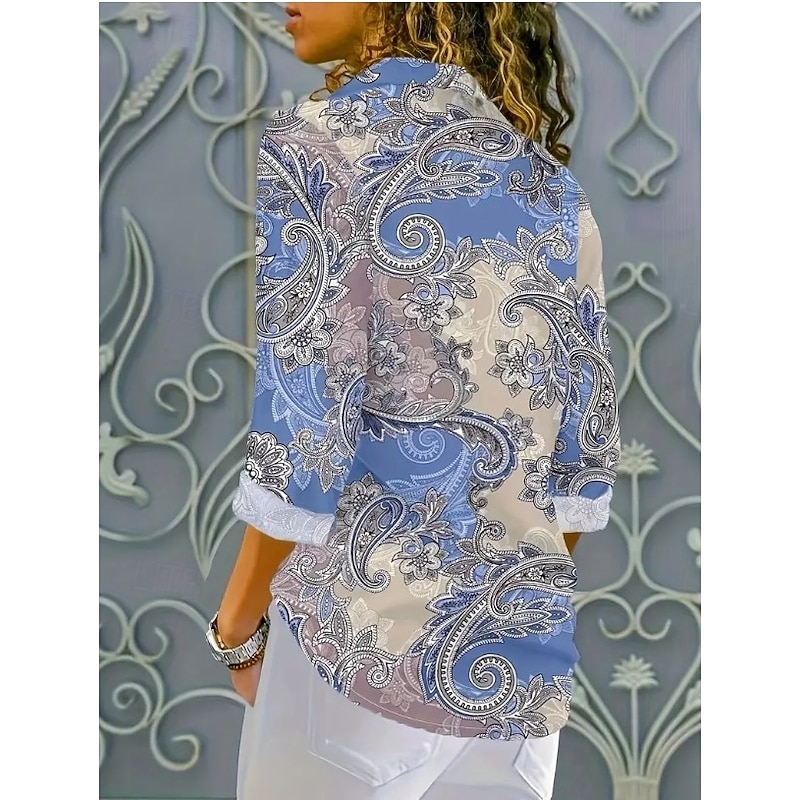 Women's Shirt Button Down Tunic Shirt Collar Long Sleeve V Neck Blue Spring Fall Winter2