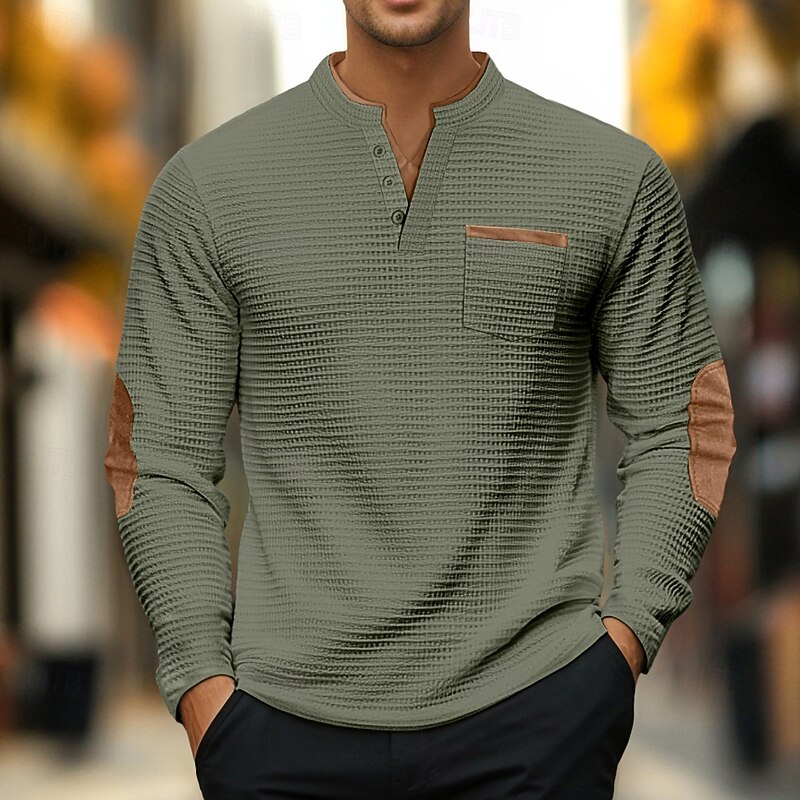 Men's Waffle Tee Polo Shirts Long Sleeve V Neck Spring &  Fall Solid Color Fashion Basic Fake two piece Street Casual Sports Black Gray Navy Blue Top Tee for Men4