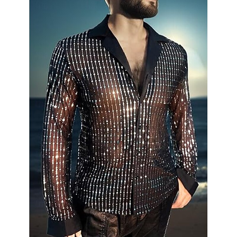 Retro Vintage 1970s 1980s T-shirt Hippie Disco Sequins Shiny Metallic Fancy Dress Men's Carnival Costume Christmas Halloween Carnival Party Pride Parade Pride Month Adults' Shirt