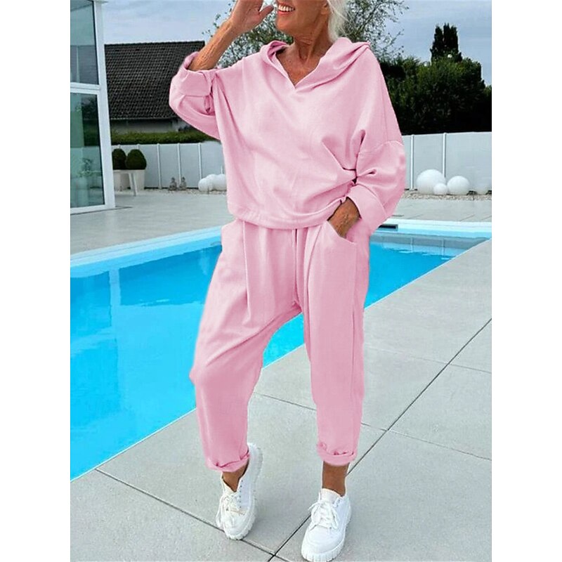 Women's Loungewear Set Hoodie Joggers Cream Solid Color Casual Comfortable Home Wear V-neck Long Sleeve Elastic Waist Full Size All-season Fashion Apparel Fall Winter3