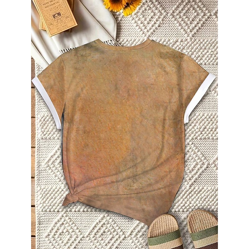 Women's T Shirt Cat Letter Casual Short Sleeve Round Neck Regular Tops Daily Print Khaki Summer2
