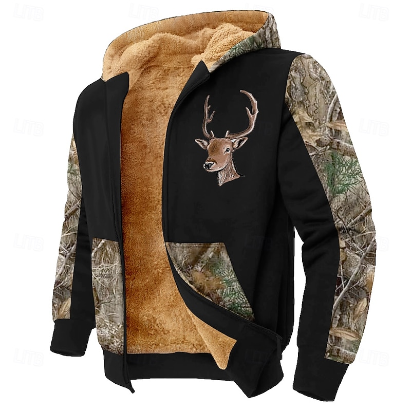 Men's Camo / Camouflage Deer Fleece Hoodies Fashion Ethnic Long Sleeve Hooded Party Hunting Black Brown Drawstring Fall Winter Designer