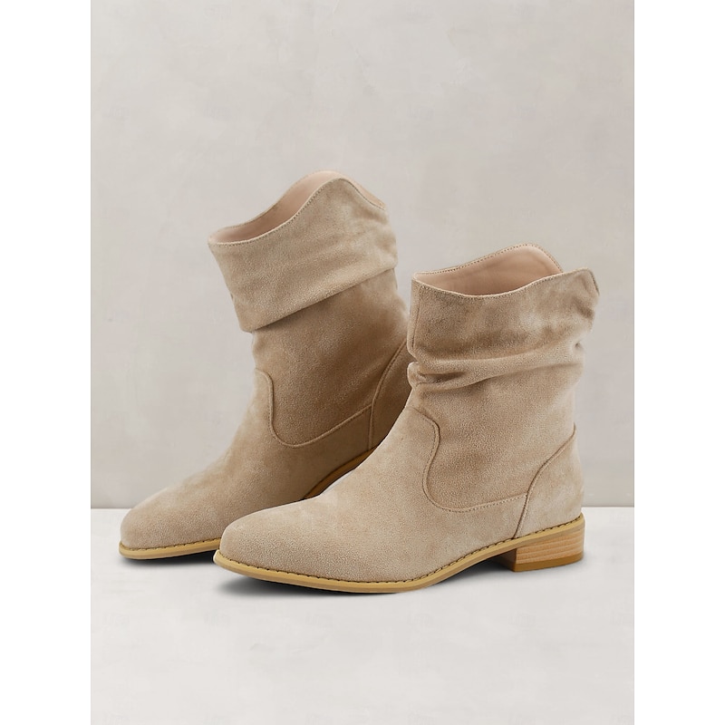 Women's Trendy Slouchy Mid Calf Boots - Beige Faux Suede Low Heel Comfortable Casual Boots for Everyday Wear3
