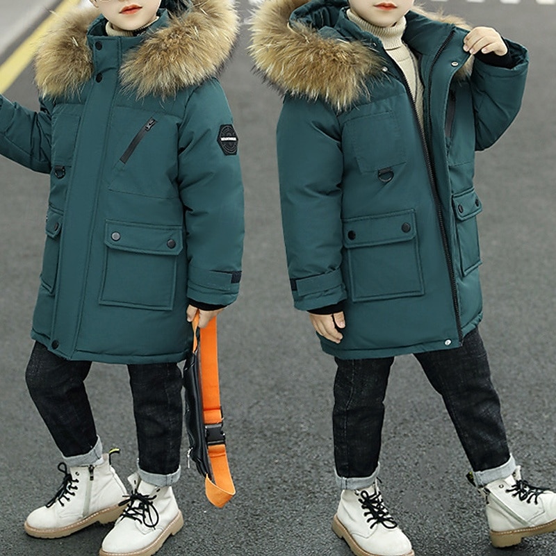 Kids Boys' Hoodie Jacket Puffer Jacket Outerwear Solid Color Long Sleeve Pocket Coat Outdoor Daily Basic Black Blue Green Fall Winter 4 years+