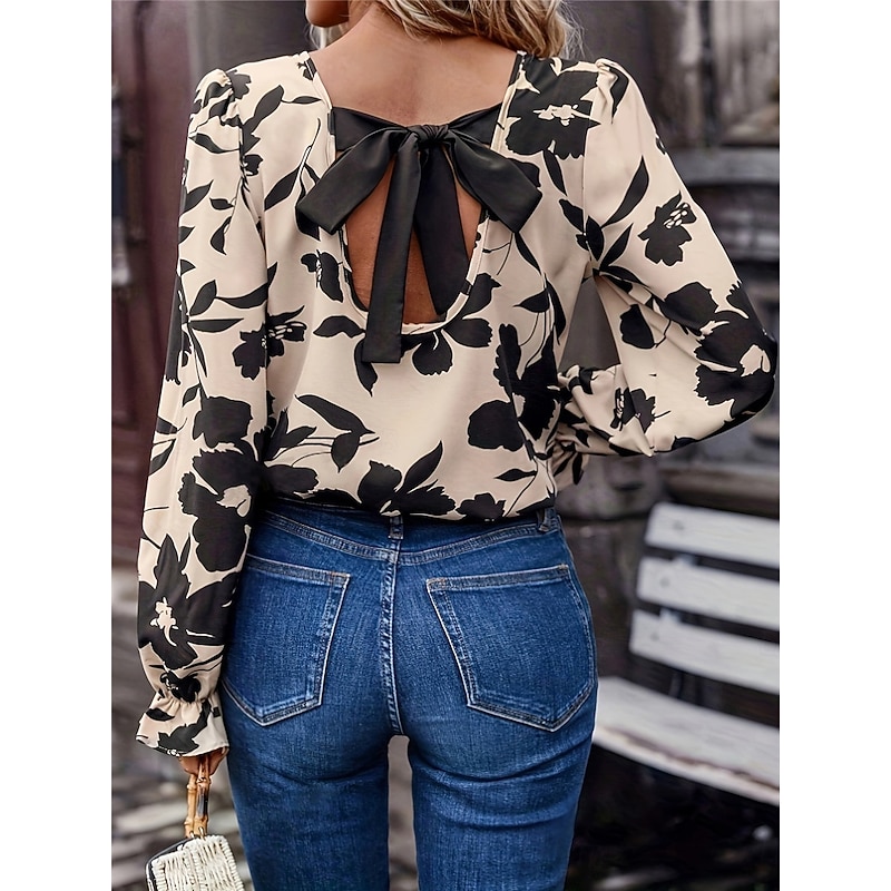 Women's Shirt Blouse Floral Stylish Casual Long Sleeve Crew Neck Regular Tops Daily Backless Print Bow Beige Fall Winter