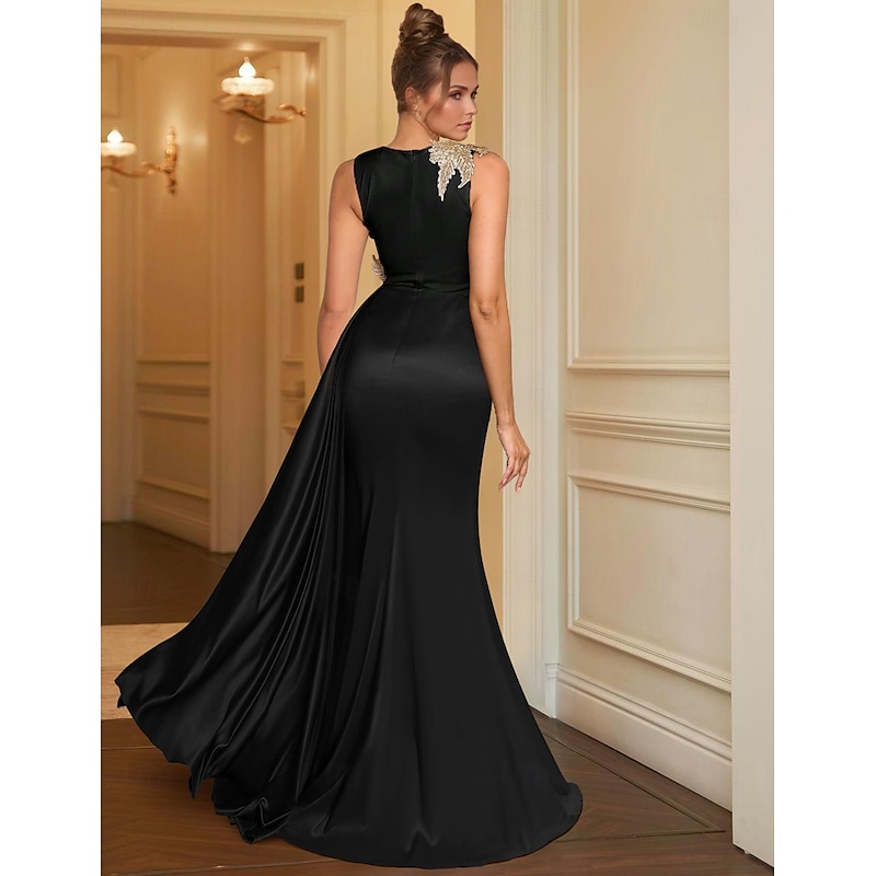 Sheath Evening Gown Elegant Dress Formal Floor Length Sleeveless Jewel Neck Pocket Satin with Embroidery2