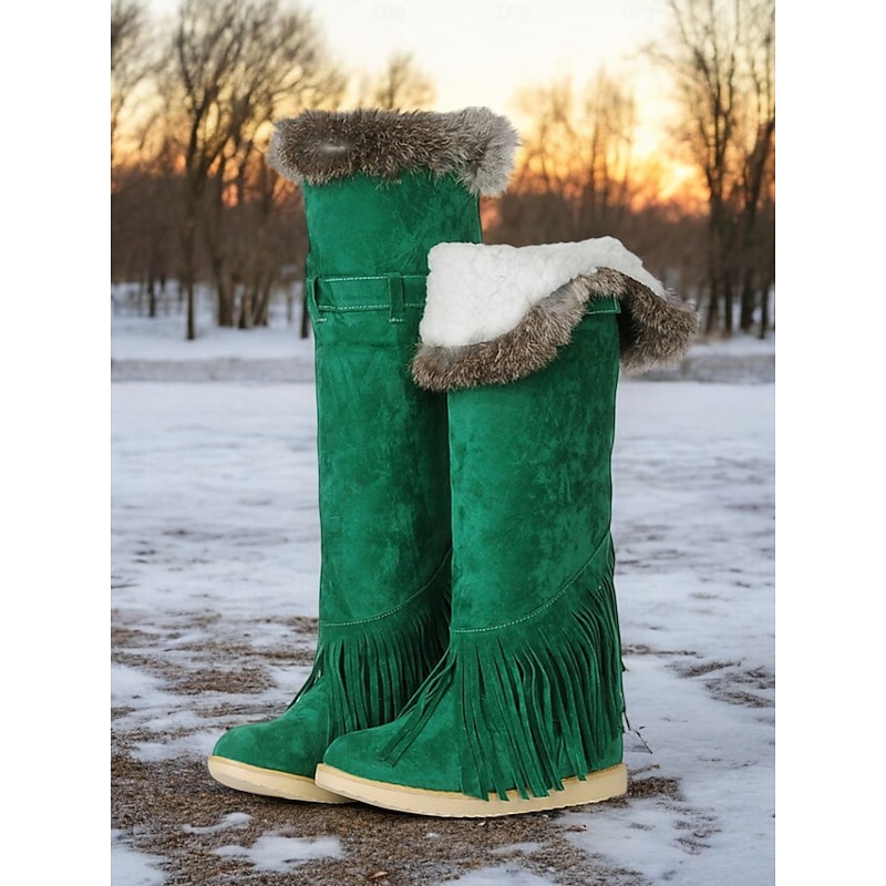 Women's Green Suede Moccasin Winter Boots with Fur Lining and Fringe Detail – Cozy Knee-High Snow Boots for Cold Weather