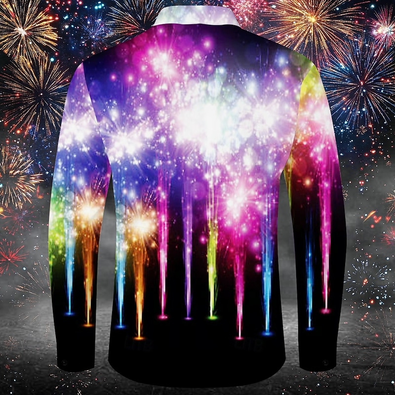 New Year Men's Shirt Button Up Shirt Long Sleeve Casual Party Causal Spring Fall Turndown Pocket Black Pink Multicolor Green2