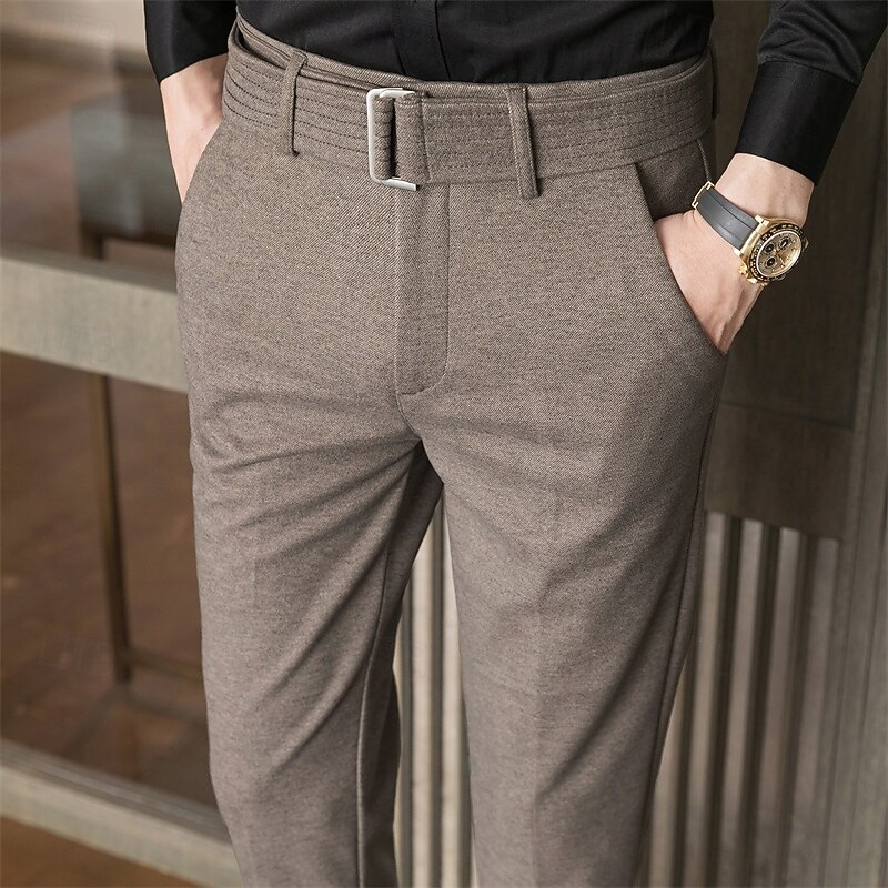Men's Graduation Dress Pants Trousers Chinos Tweed Pants Buttons Pocket Solid Color Comfort Formal Party Work Fashion Classic Style Black Khaki Micro-elastic