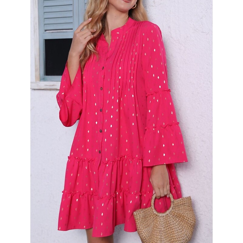 Women's Geometric Stand Collar Mini Dress Long Sleeve Summer Spring2