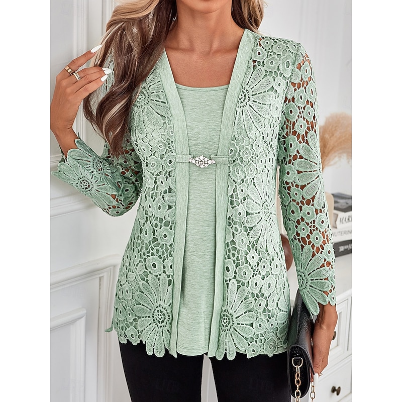 Women's Tunic Elegant Long Sleeve Square Neck Regular Tops Vacation Valentine's Day Daily Lace Buttons Eyelet Light Green Spring Fall2