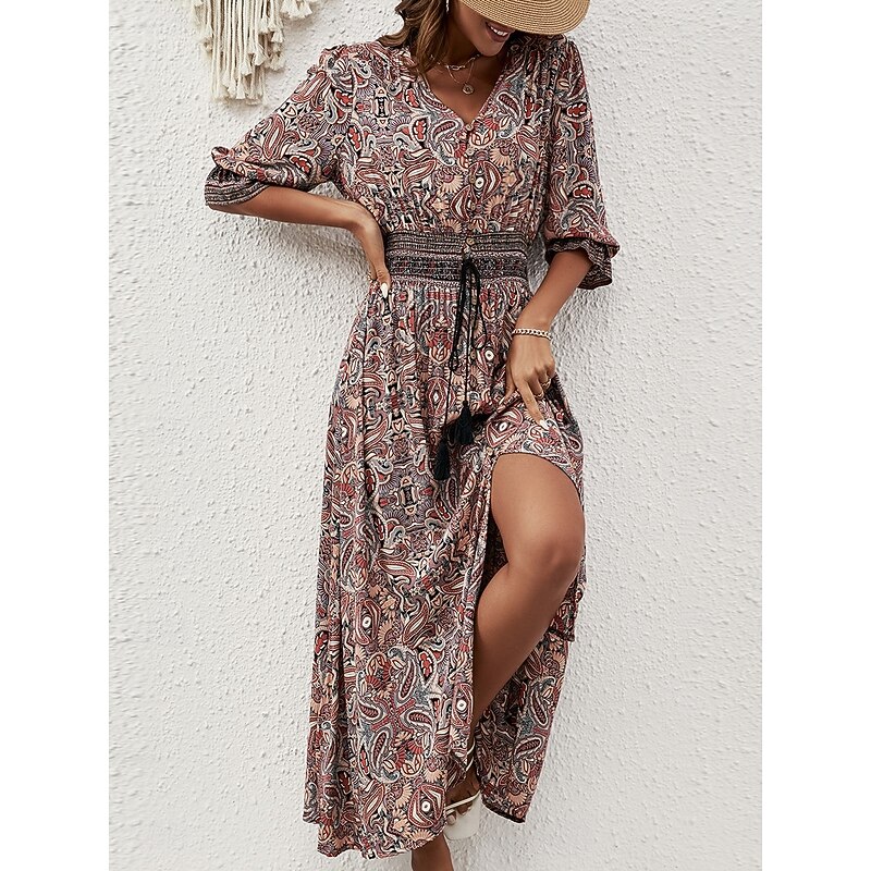 Women's Maxi Dress Casual Dress Swing Dress A Line Dress Boho Dress Casual Daily Regular Fit Floral Paisley Half Sleeve V Neck Blue Brown Summer Spring Fall3