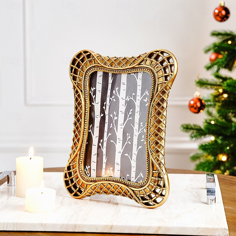 1PC European Golden Checkered Double-arc Shaped Decorative Photo Frame Resin Material Desktop Photo Display Frame Suitable for Photo Display Home Decoration Photography Shooting Props3