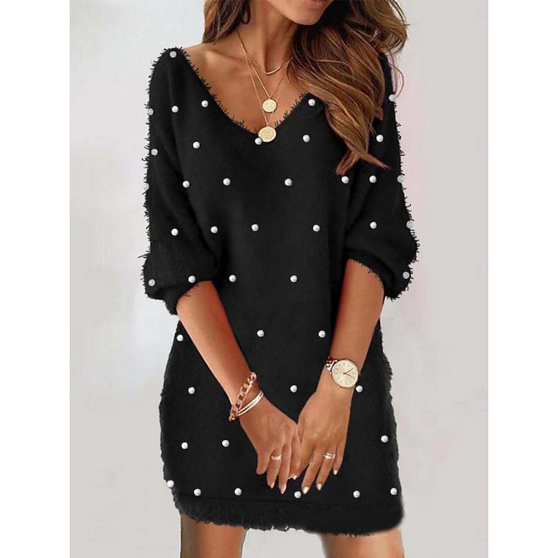 Women's  Casual Dress Fuzzy Mini Dress Patchwork Casual V Neck Long Sleeve Wine Red Color4