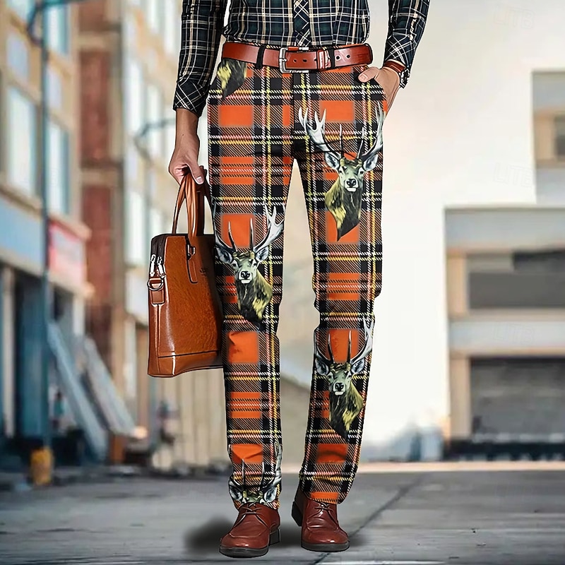 Men's Color Block Plaid / Check Patchwork Dress Pants Mid Waist Vintage Casual Outdoor Home Dailywear Zipper Pocket Summer Spring Fall 3D Print Black Red Blue2