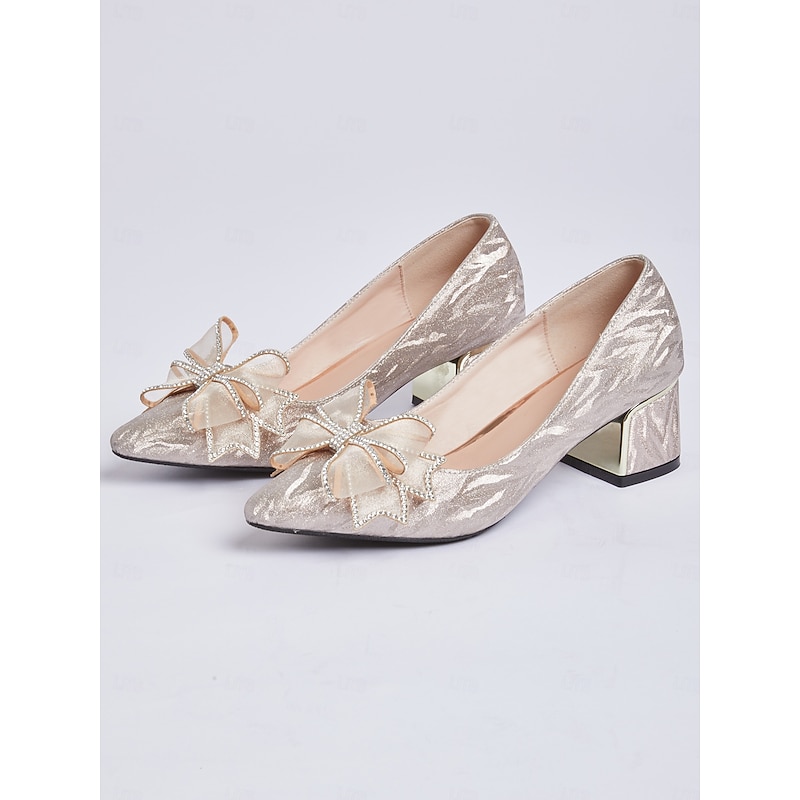 Women's Glitter Block Heels with Bow Rhinestone Accent – Elegant Party and Evening Shoes3